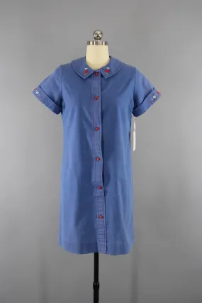 1970s Vintage Chambray Denim Embroidered Hearts Dress