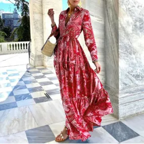 2024 Spring V-Neck Floral Printed Bohemian Women's Dress