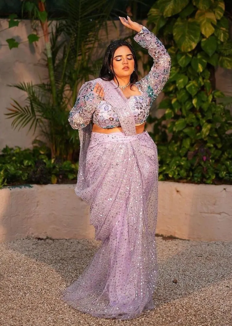 Ameerah Lavender Embroidered Saree Set