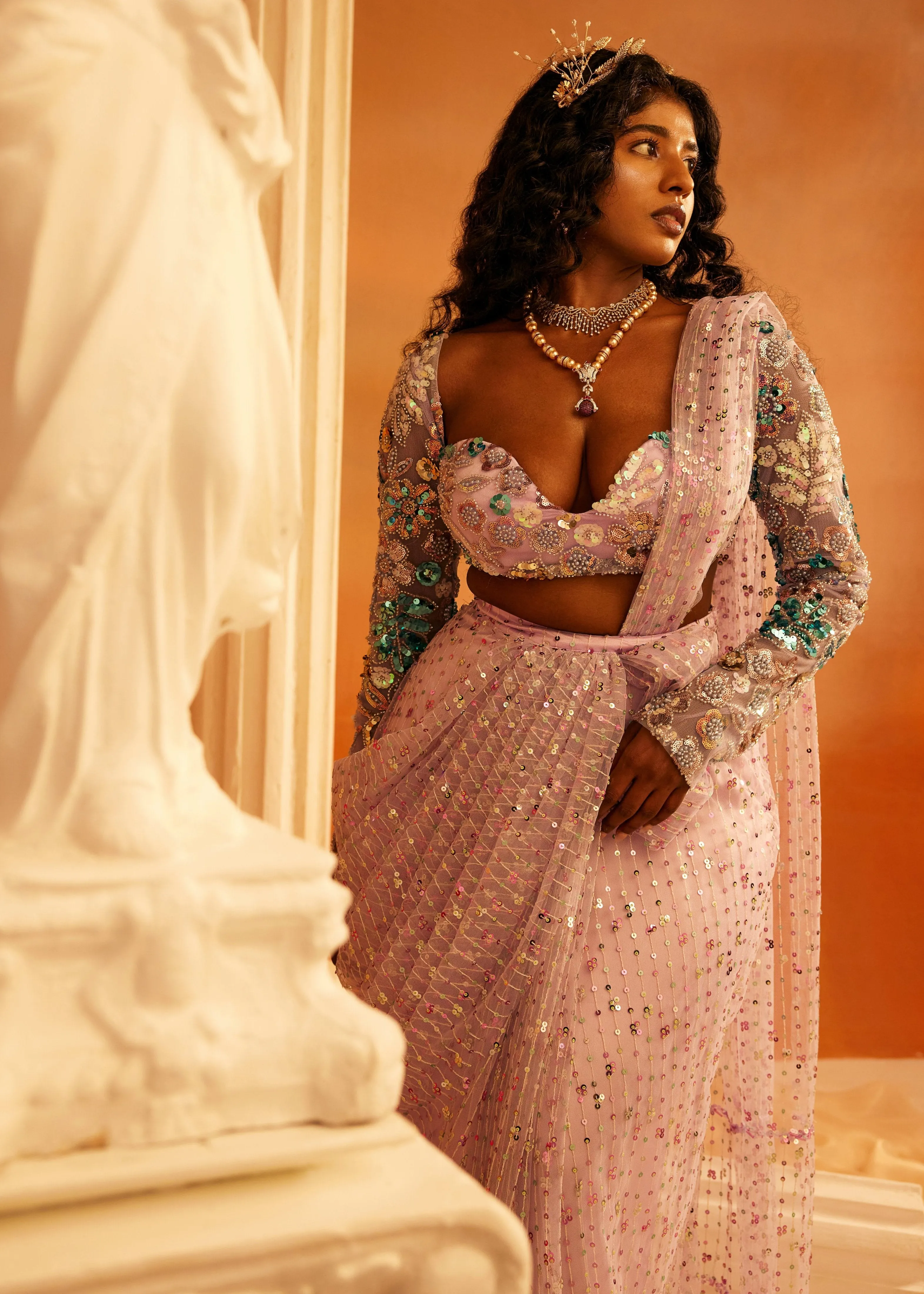 Ameerah Lavender Embroidered Saree Set