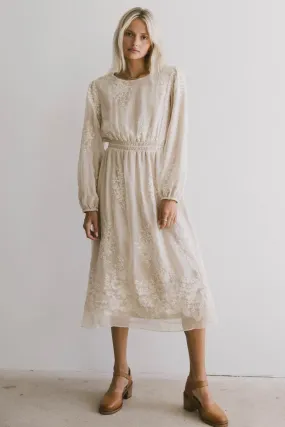Andee Embroidered Midi Dress in Champage