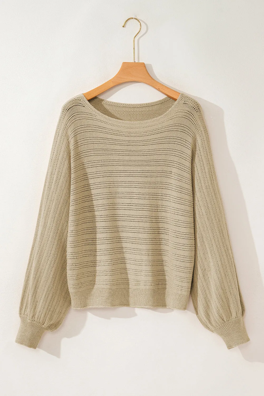 Apricot Lantern Sleeve Eyelets Textured Knit Sweater