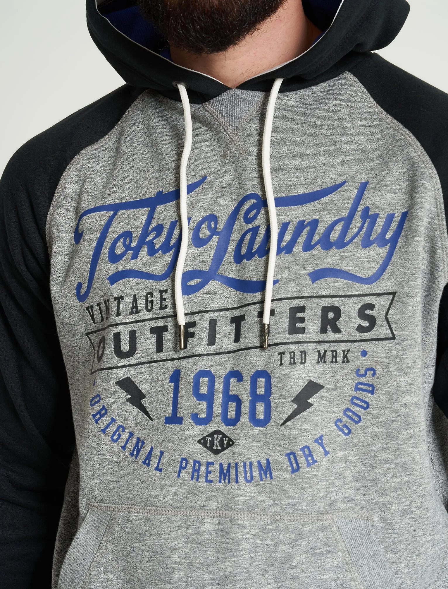 Bannering Raglan Sleeve Brushback Fleece Pullover Hoodie in Light Grey Grindle - Tokyo Laundry