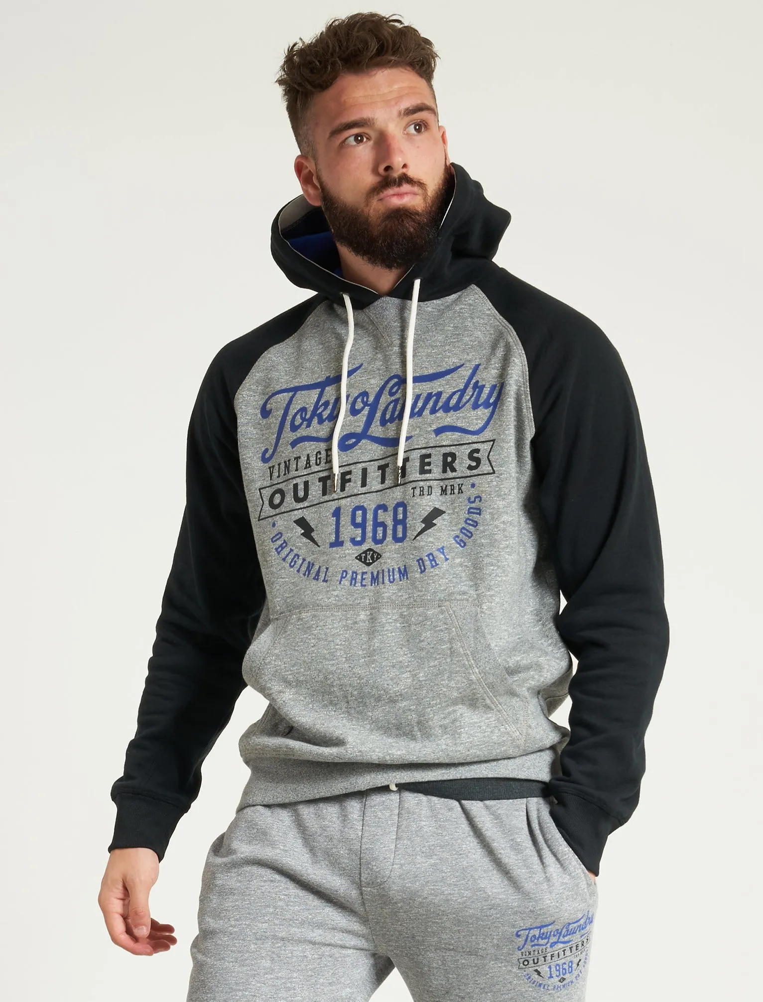 Bannering Raglan Sleeve Brushback Fleece Pullover Hoodie in Light Grey Grindle - Tokyo Laundry