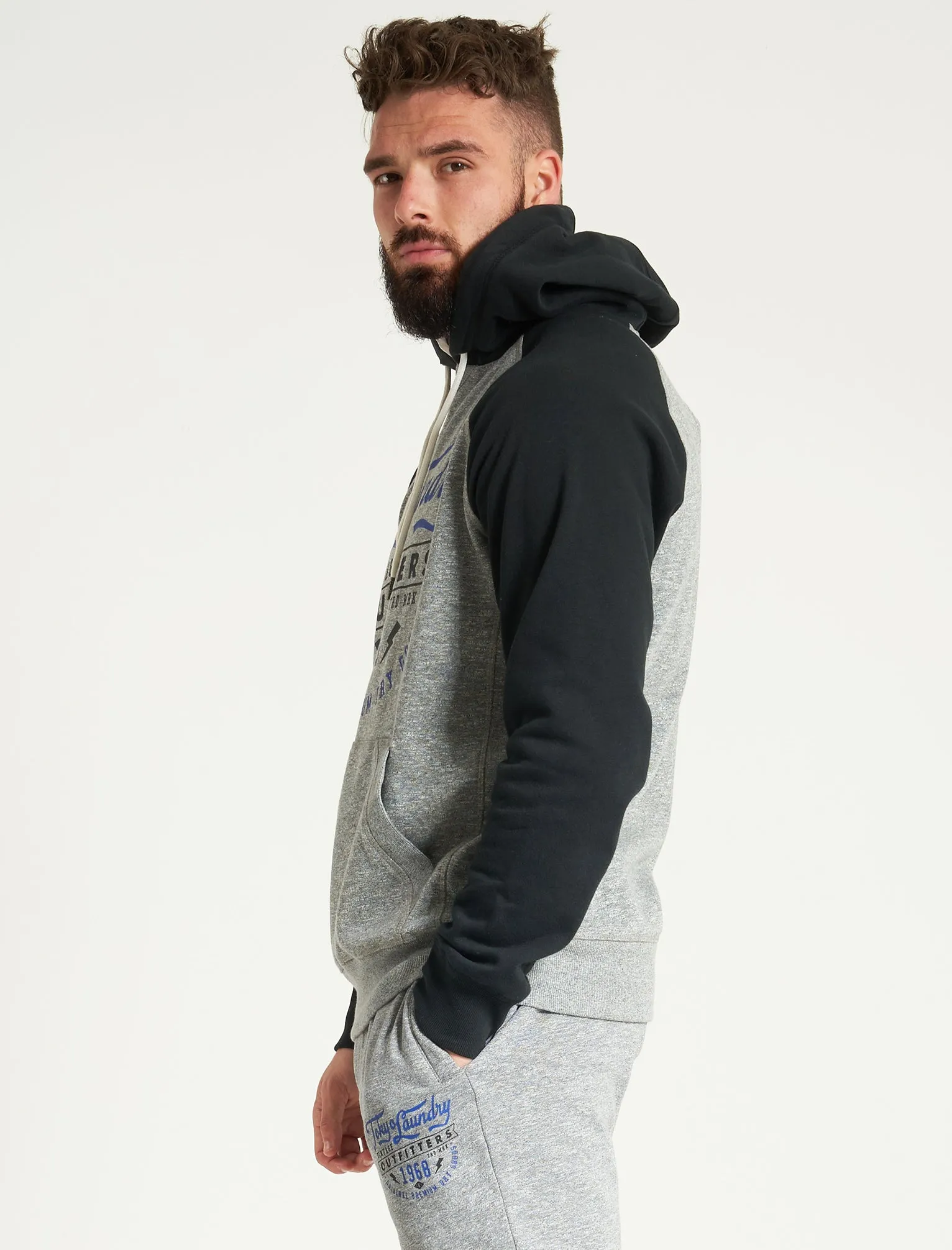 Bannering Raglan Sleeve Brushback Fleece Pullover Hoodie in Light Grey Grindle - Tokyo Laundry