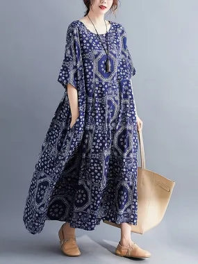 BerryBetty - Blue Print Boho Swing House Dress With Pockets