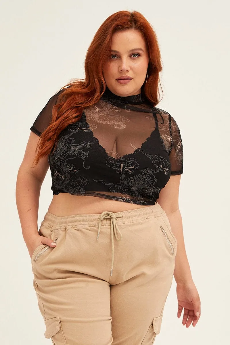 Black Abstract Mesh Top Sheer Dragon Print Short Sleeve