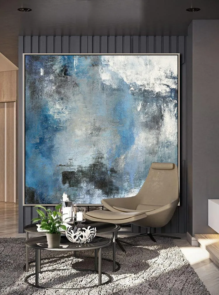 Blue White Abstract Painting,Large Cloud Canvas Oil Painting,Living Room Art Bl009