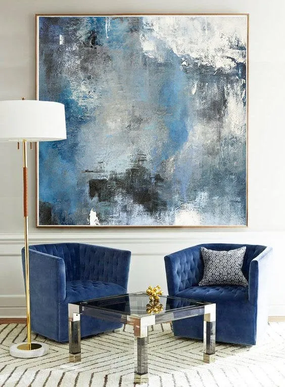 Blue White Abstract Painting,Large Cloud Canvas Oil Painting,Living Room Art Bl009