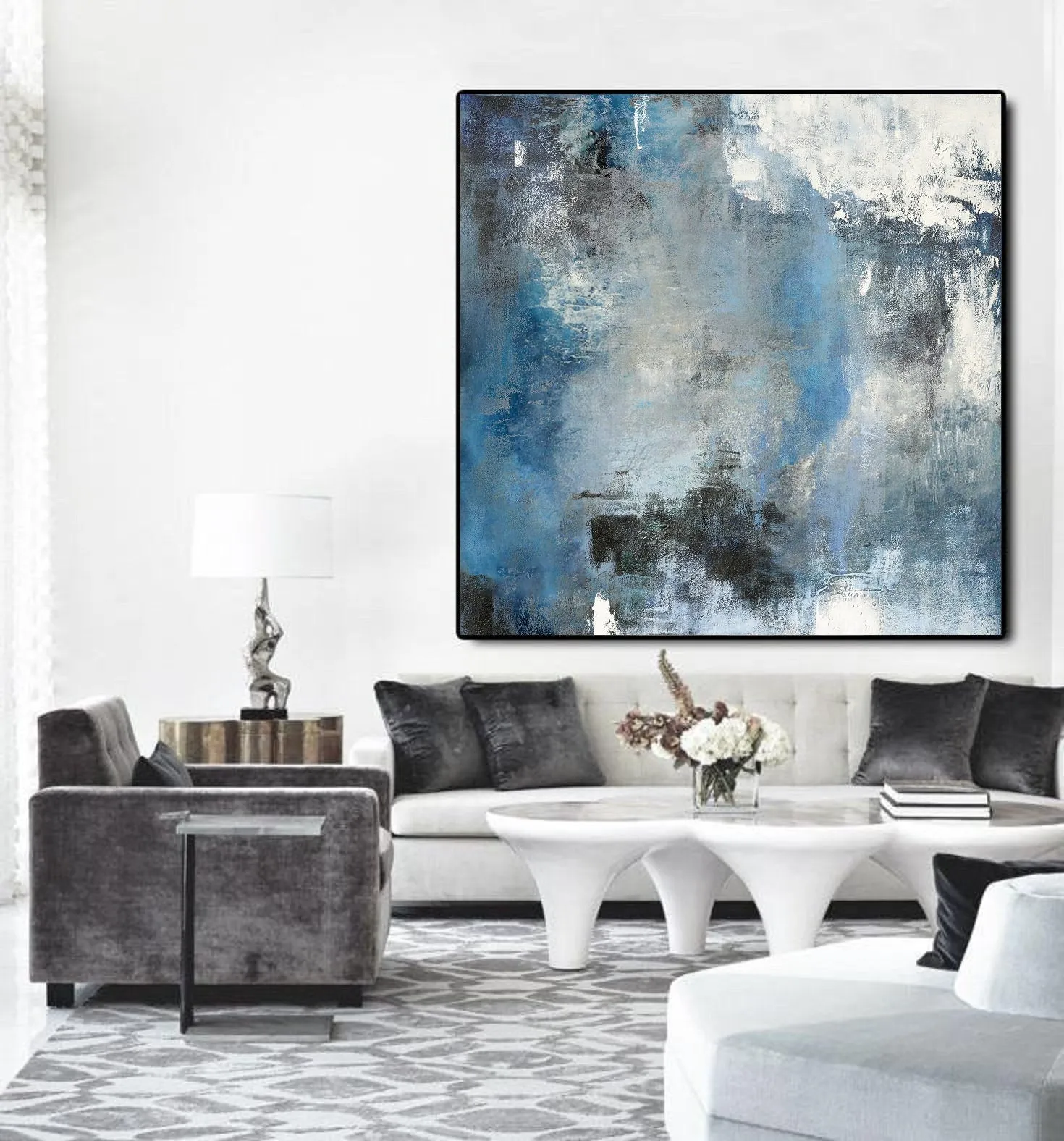Blue White Abstract Painting,Large Cloud Canvas Oil Painting,Living Room Art Bl009