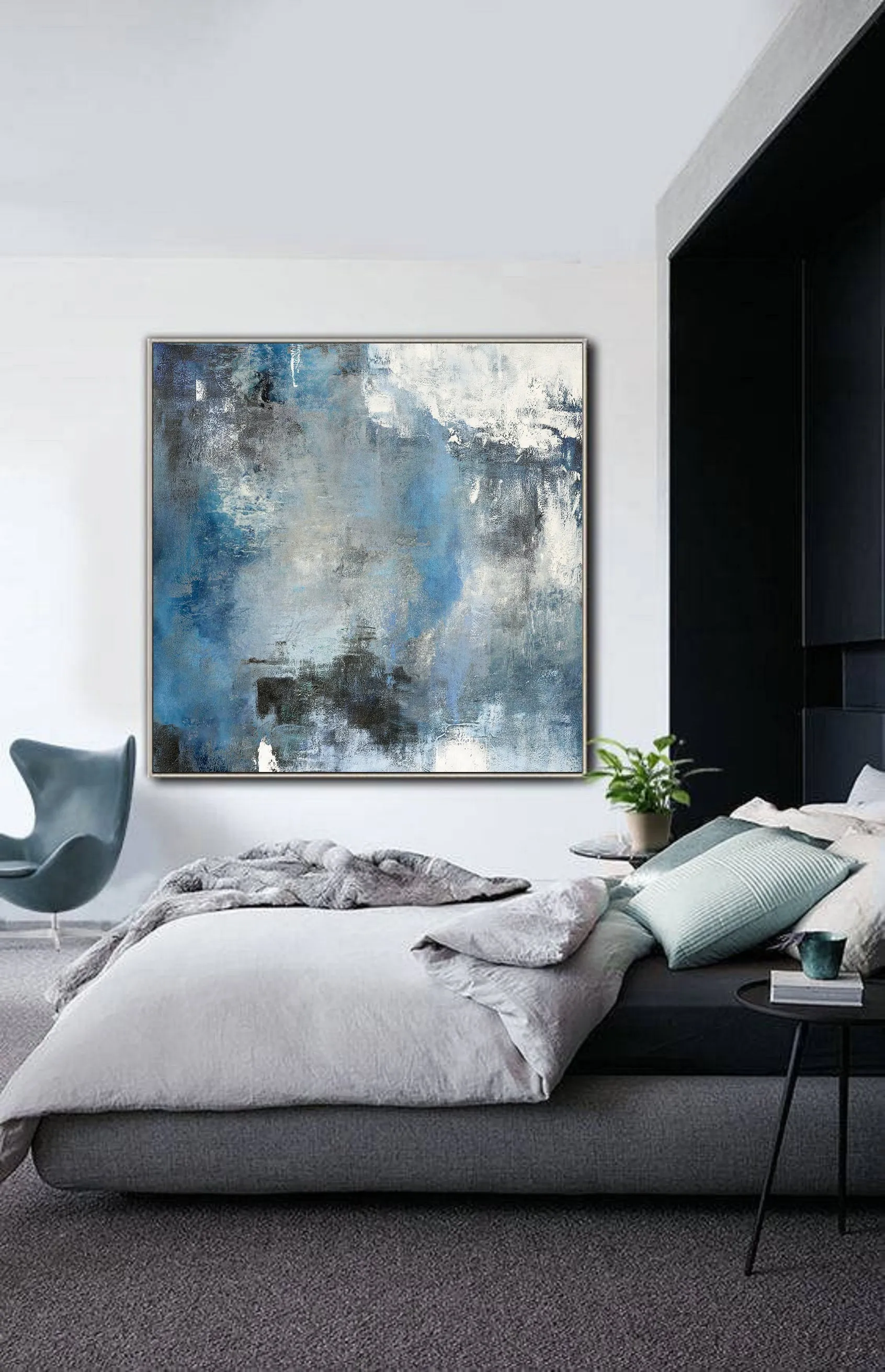 Blue White Abstract Painting,Large Cloud Canvas Oil Painting,Living Room Art Bl009