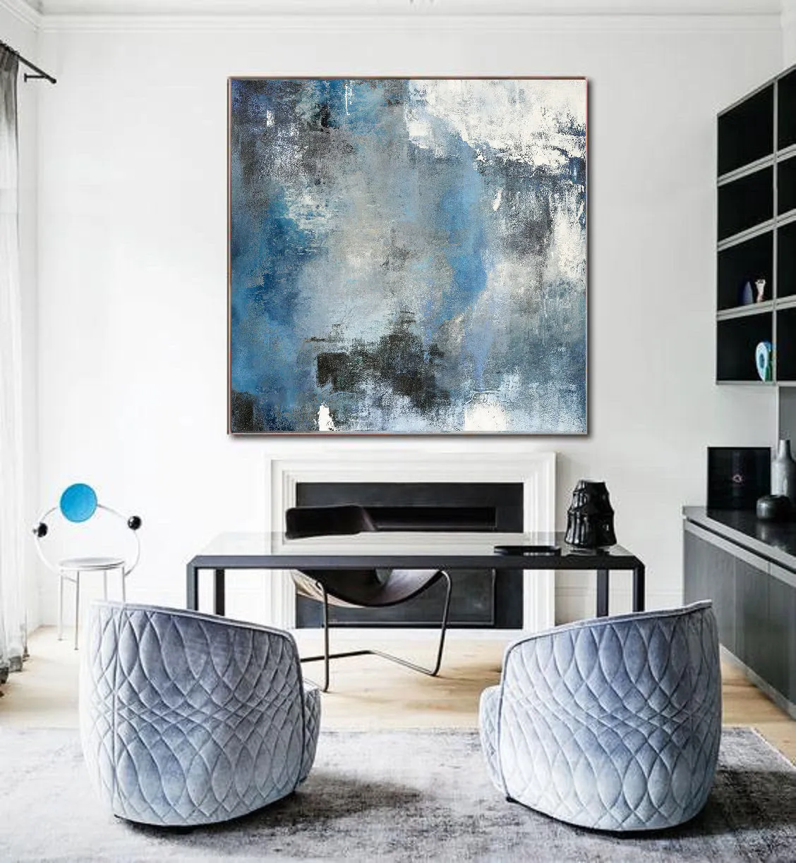 Blue White Abstract Painting,Large Cloud Canvas Oil Painting,Living Room Art Bl009