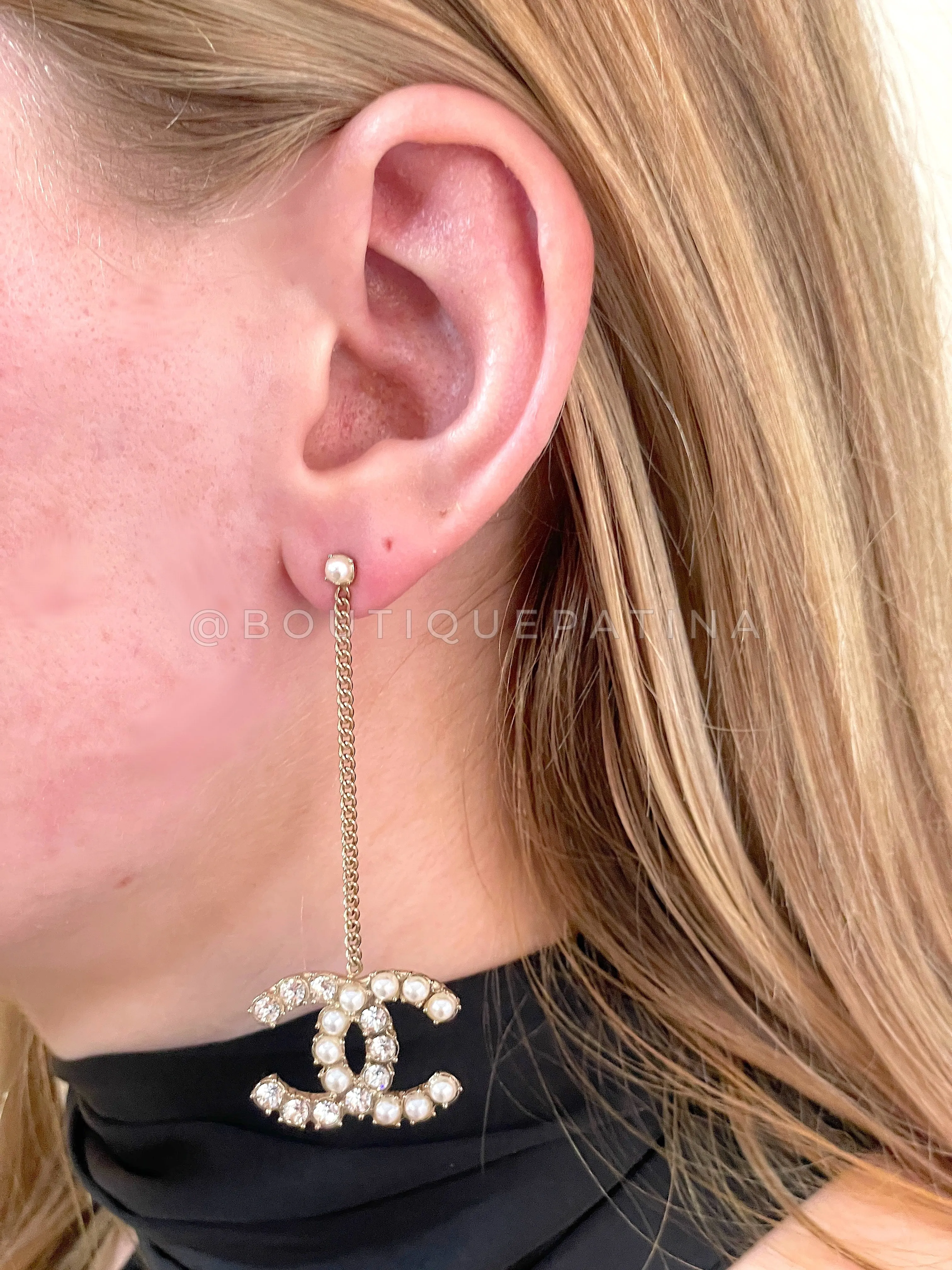 Chanel 20B CC Crystal and Pearl Drop Earrings