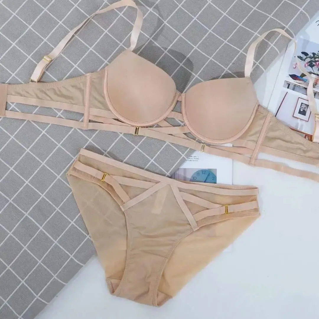 Cross Bandage Smooth Bra Underwear Set - Push Up, Plunge, Padded, Thin Under Thick Mold Cup