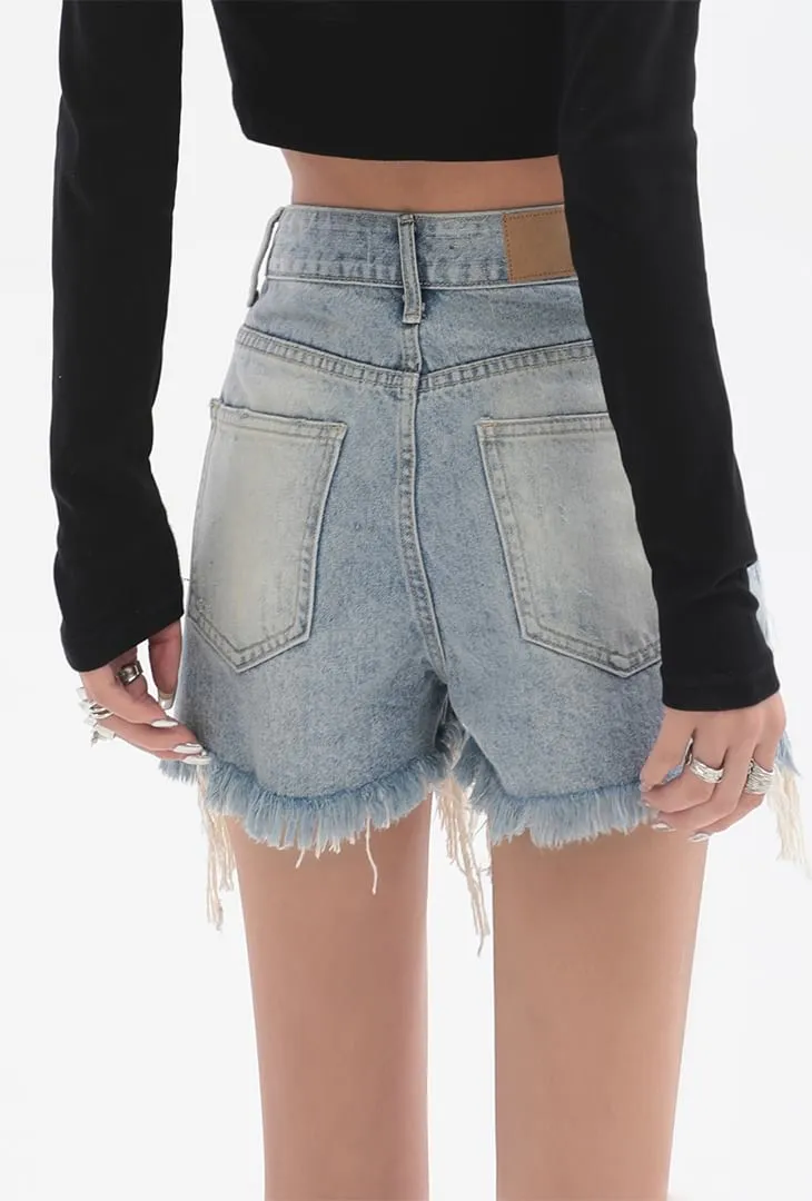 Distressed High-Waist Denim Shorts