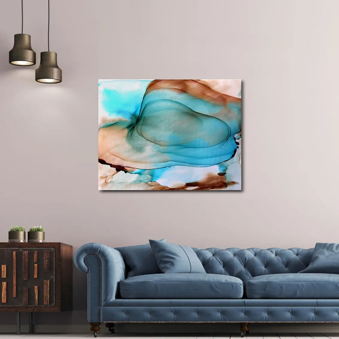 Framed horizontal blue & brown abstract alcohol ink art print