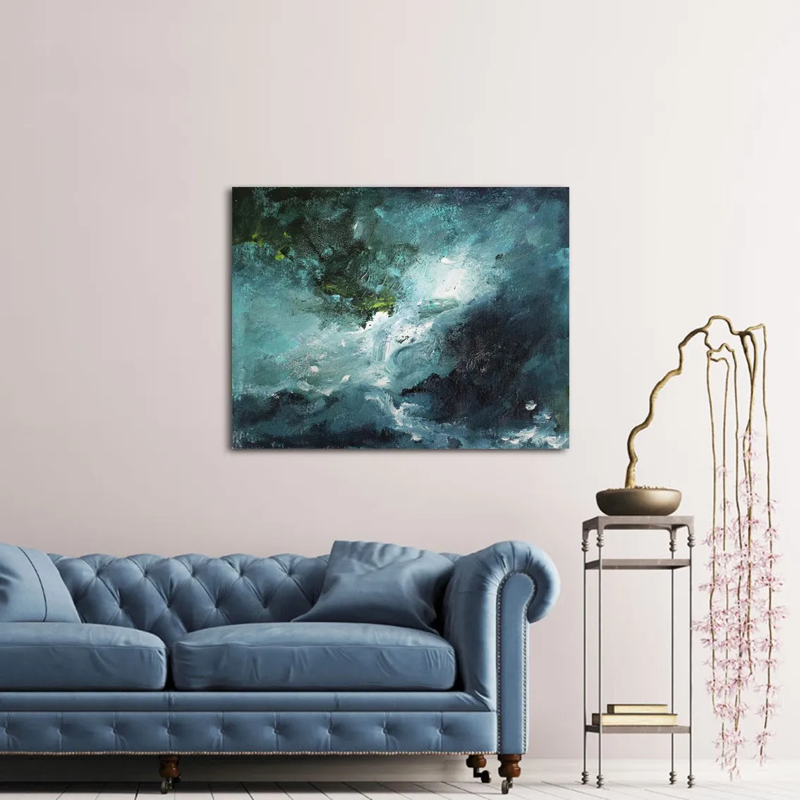Framed horizontal blue & green abstract wall art print