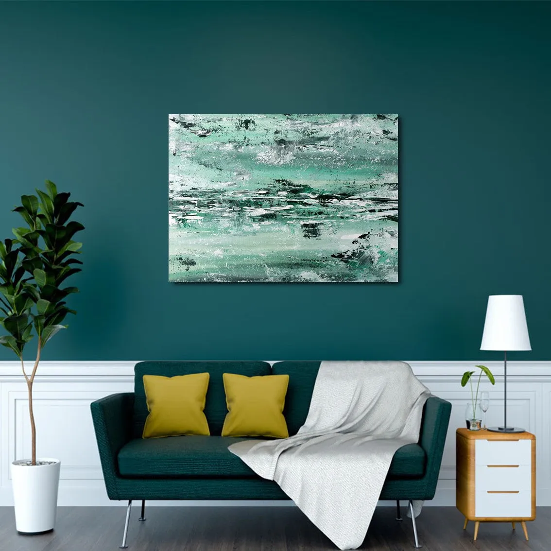 Framed horizontal mint green & white abstract wall art print