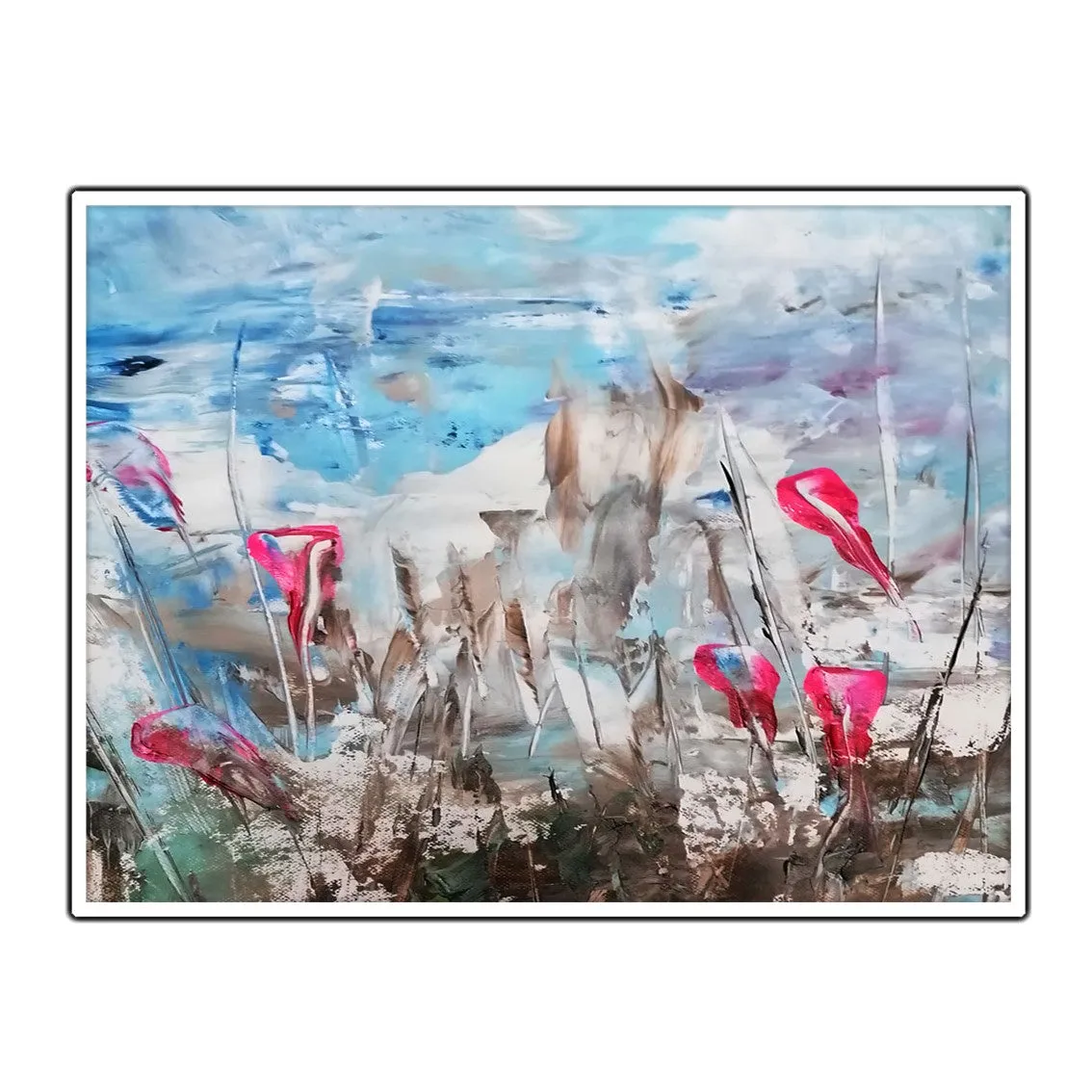 Framed horizontal teal blue & lime green abstract floral wall art print