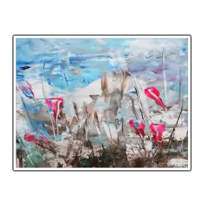 Framed horizontal teal blue & lime green abstract floral wall art print