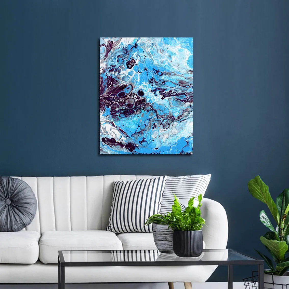 Framed vertical blue & brown abstract wall art print