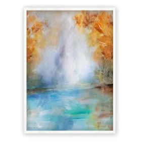 Framed vertical blue & orange abstract landscape wall art print