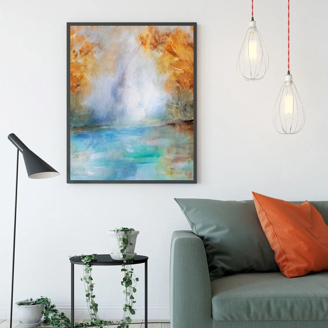 Framed vertical blue & orange abstract landscape wall art print
