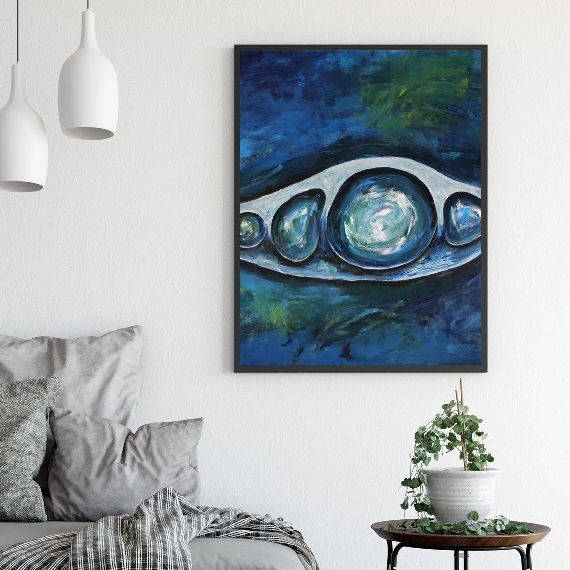 Framed vertical blue & white abstract wall art print