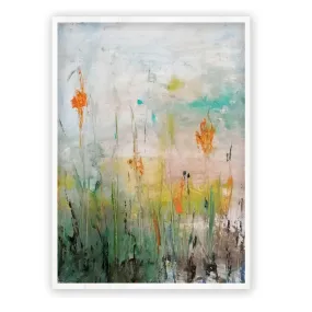 Framed vertical orange & green abstract floral wall art print