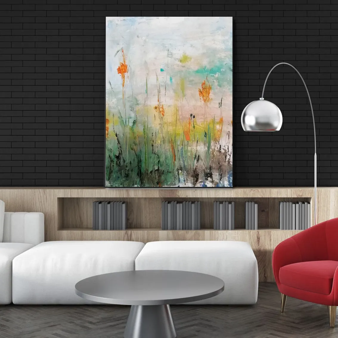 Framed vertical orange & green abstract floral wall art print