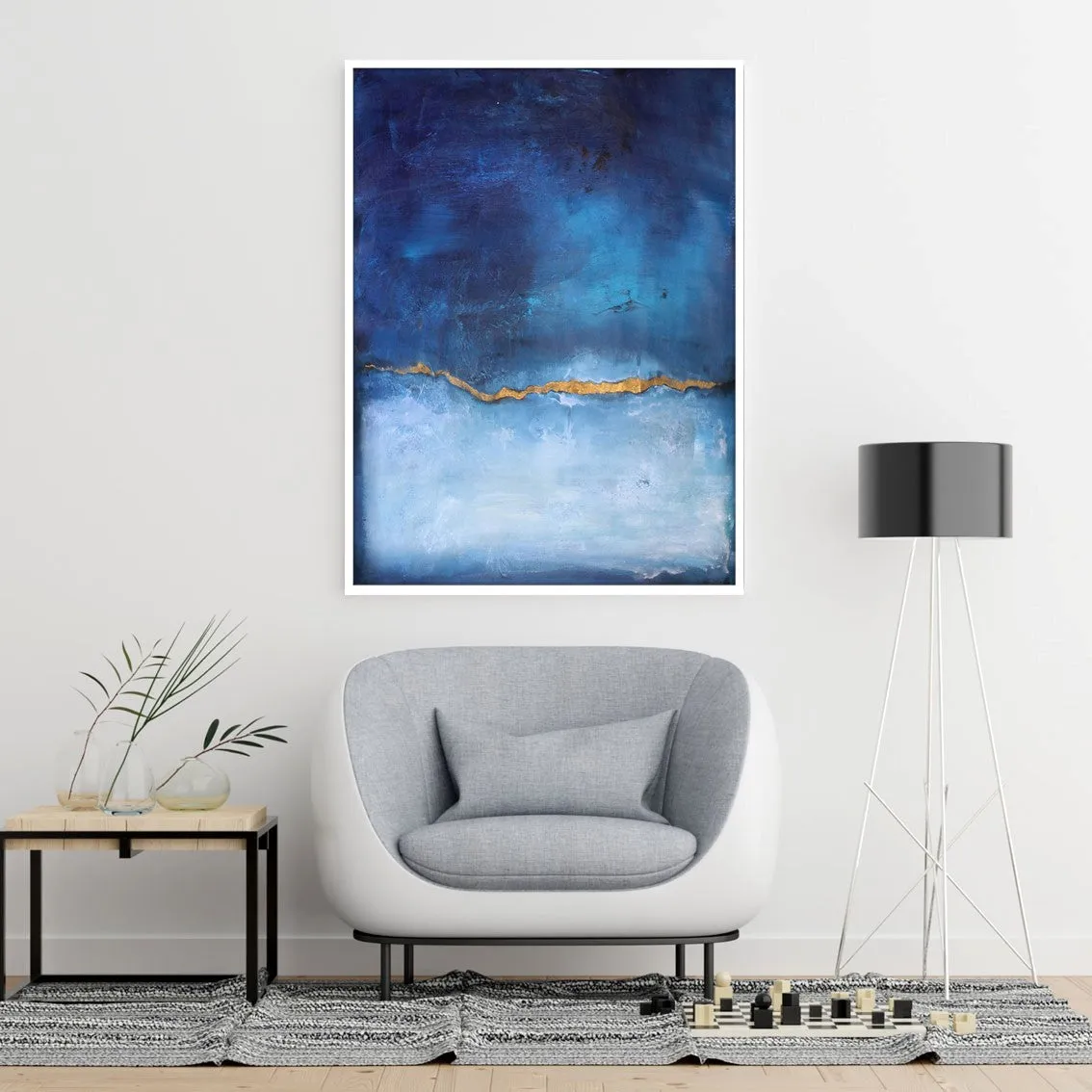 Framed vertical sapphire blue & gold abstract wall art print