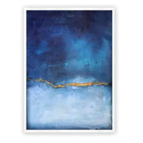 Framed vertical sapphire blue & gold abstract wall art print