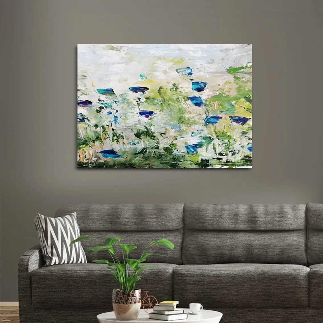 Horizontal blue & green abstract floral wall art print