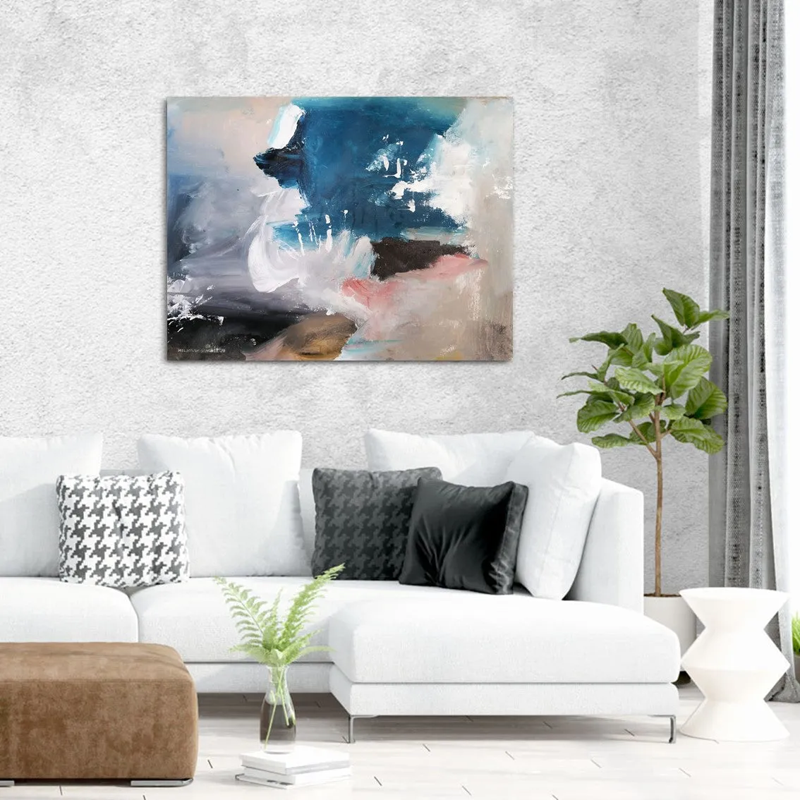 Horizontal blue & pink abstract wall art print