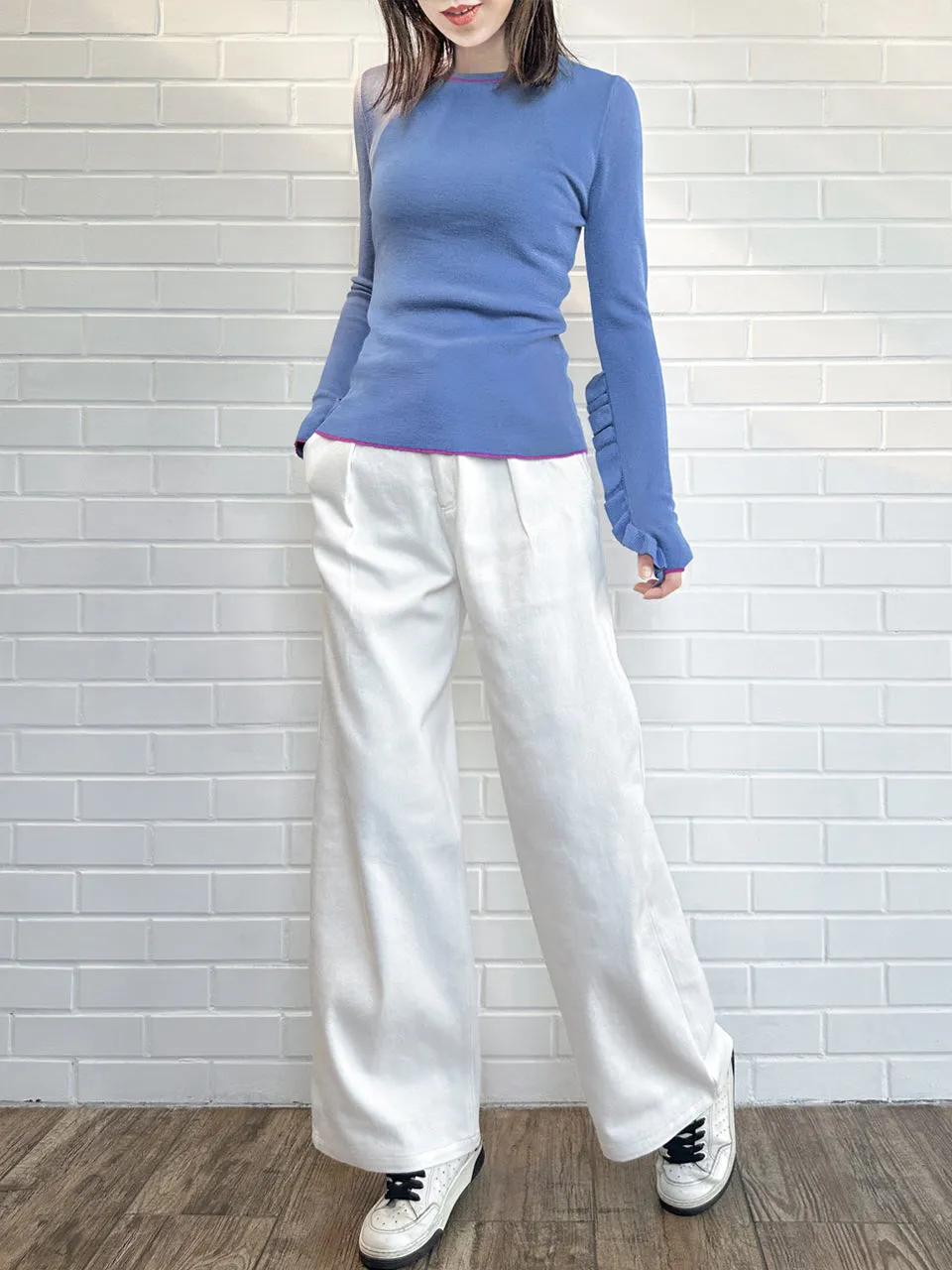 Lavender Blue Extra-long Ruffled Sleeve Wool Blend Jumper