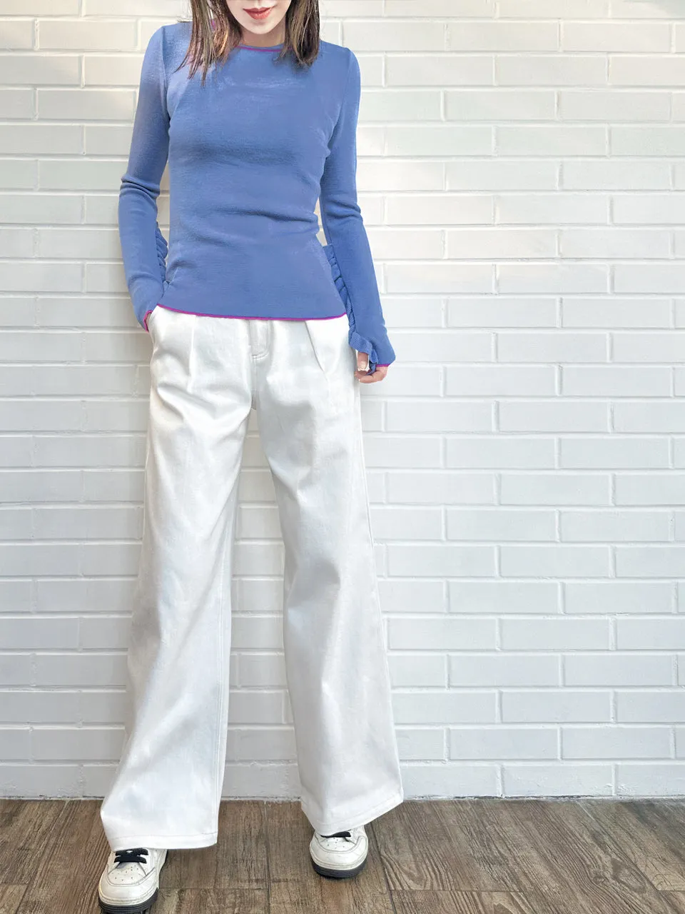 Lavender Blue Extra-long Ruffled Sleeve Wool Blend Jumper