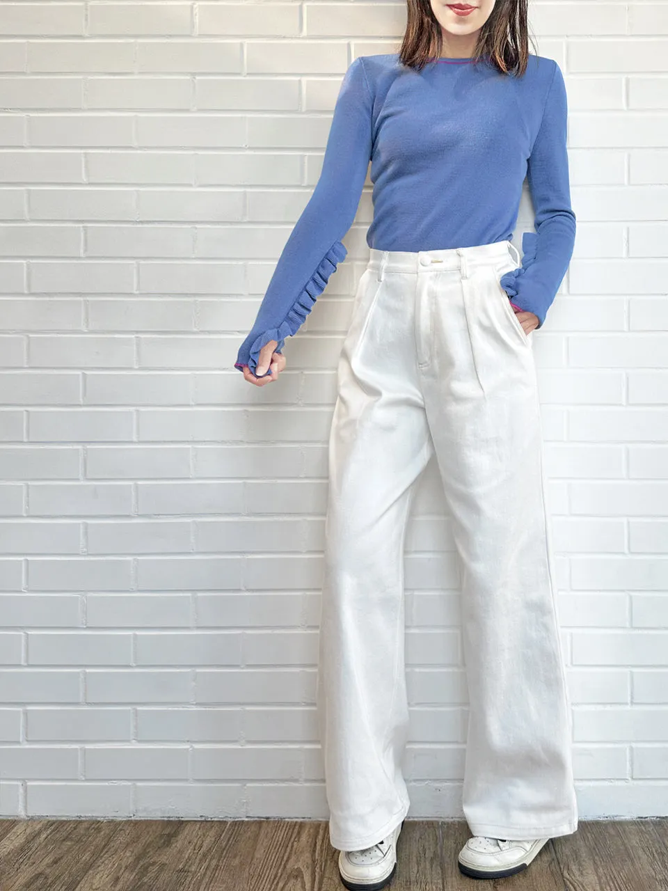 Lavender Blue Extra-long Ruffled Sleeve Wool Blend Jumper