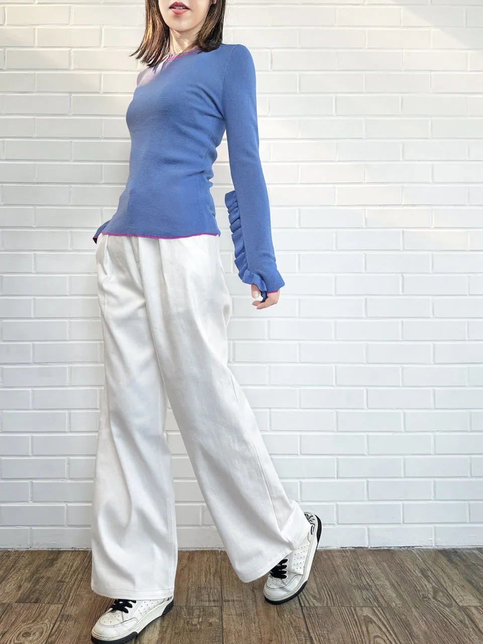 Lavender Blue Extra-long Ruffled Sleeve Wool Blend Jumper