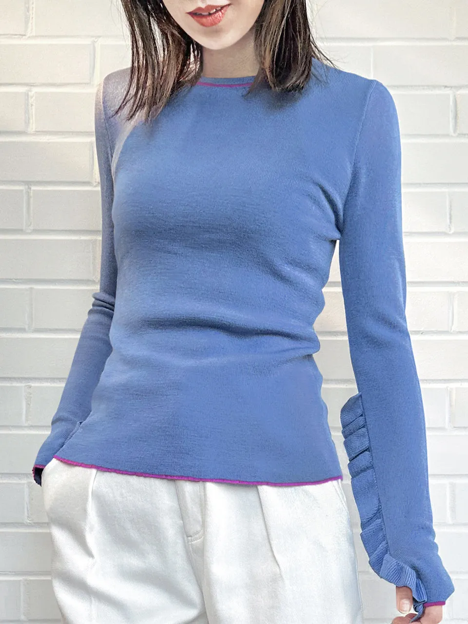 Lavender Blue Extra-long Ruffled Sleeve Wool Blend Jumper