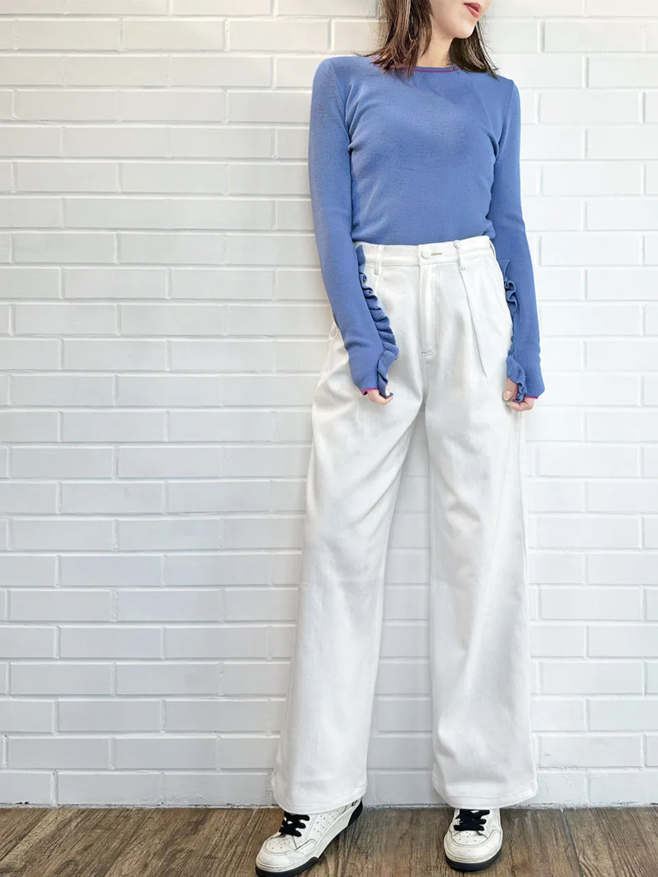 Lavender Blue Extra-long Ruffled Sleeve Wool Blend Jumper