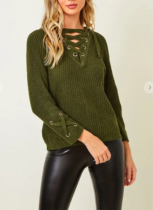 LONG SLEEVE SWEATER V NECK TOP WITH EYELET TRIM