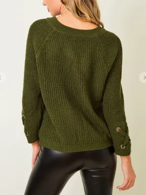 LONG SLEEVE SWEATER V NECK TOP WITH EYELET TRIM