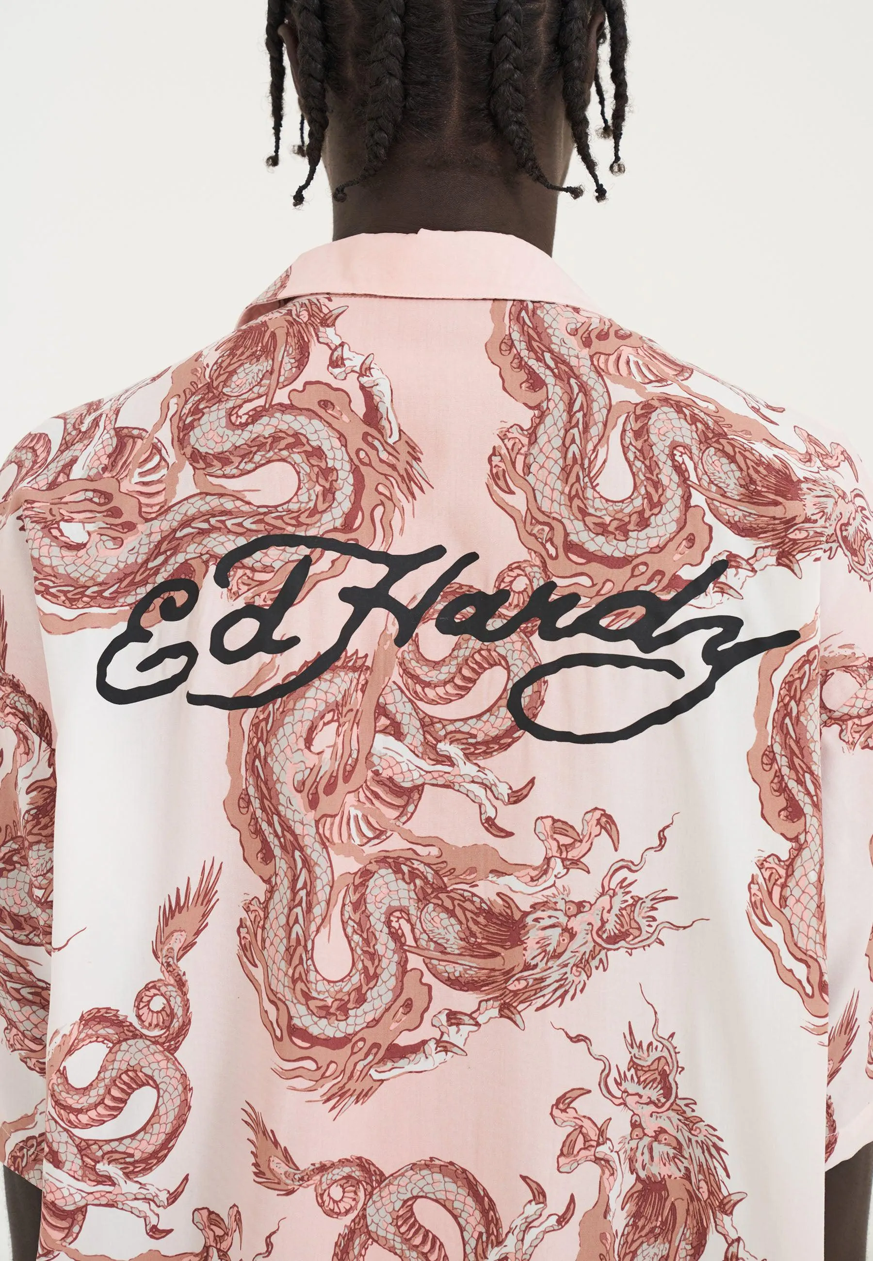 Mens Repeat Dragon Camp Short Sleeve Shirt - Pink/White