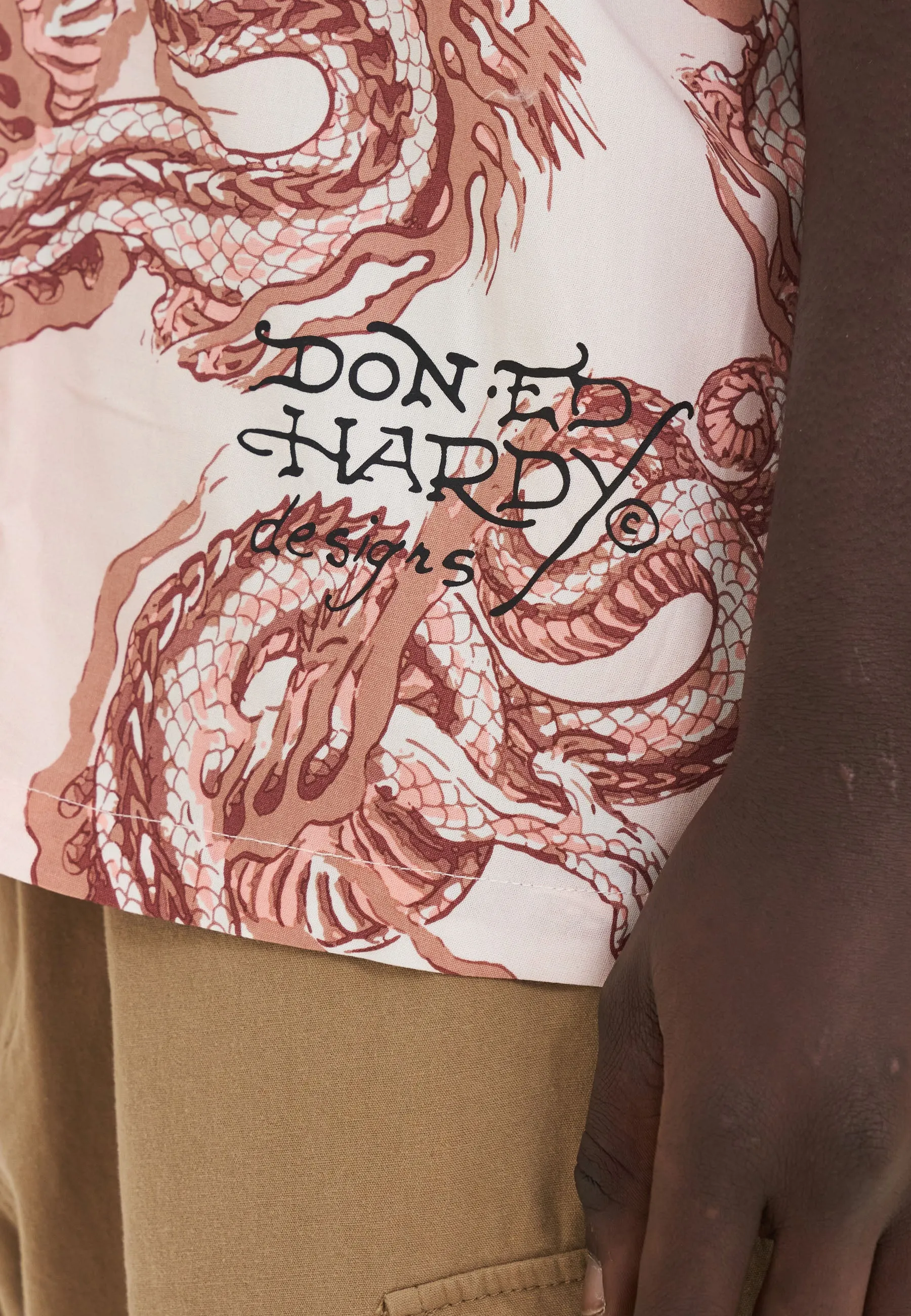 Mens Repeat Dragon Camp Short Sleeve Shirt - Pink/White