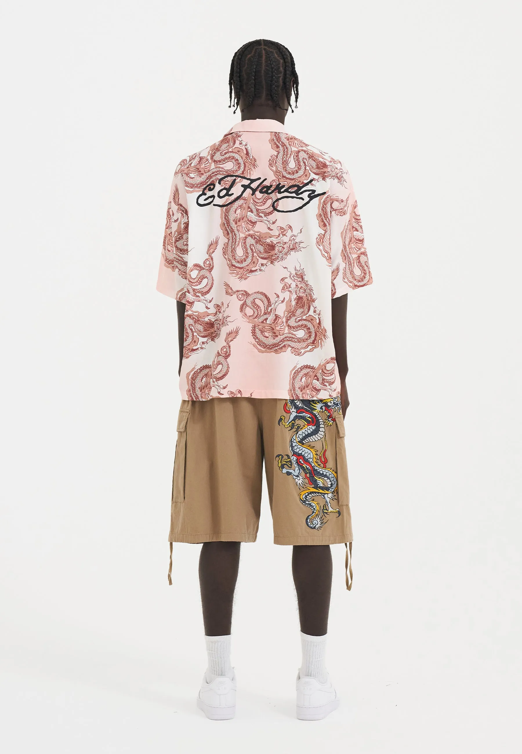 Mens Repeat Dragon Camp Short Sleeve Shirt - Pink/White