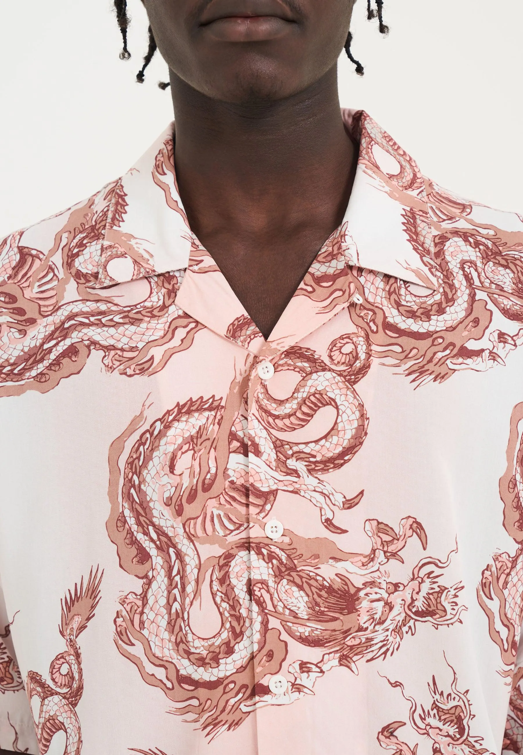 Mens Repeat Dragon Camp Short Sleeve Shirt - Pink/White