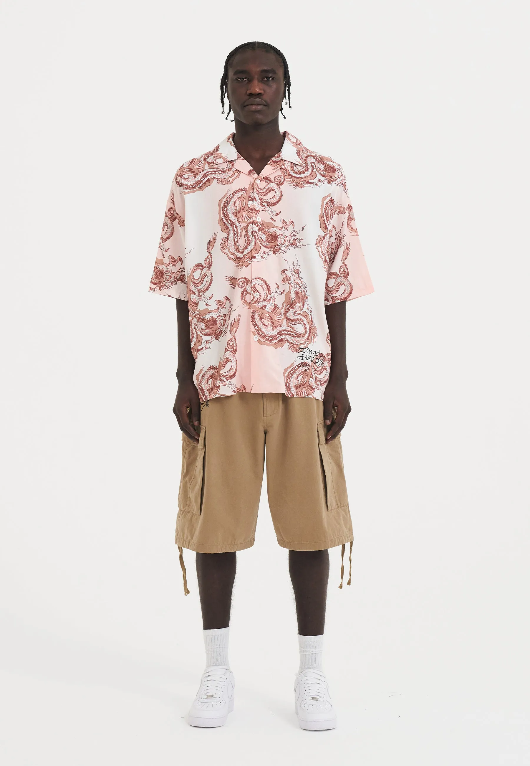 Mens Repeat Dragon Camp Short Sleeve Shirt - Pink/White