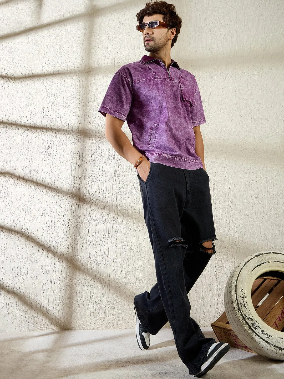 Purple Twill Quarter Zip Washed Shirt