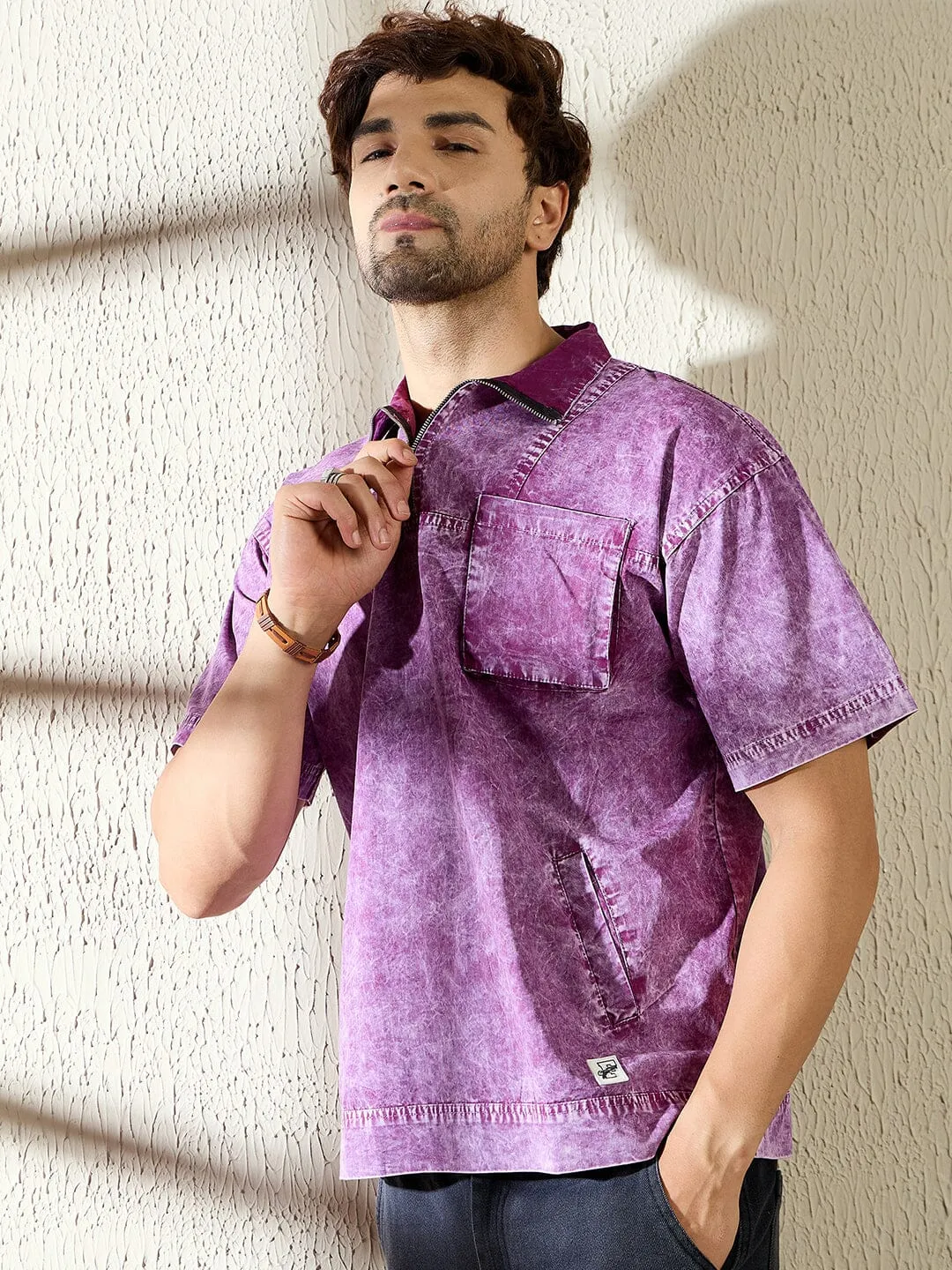 Purple Twill Quarter Zip Washed Shirt