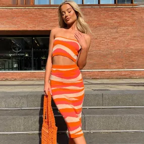 Sexy Contrast Abstract Stripe Print Crop Tube Top and Bodycon Midi Knit Skirt Matching Set
